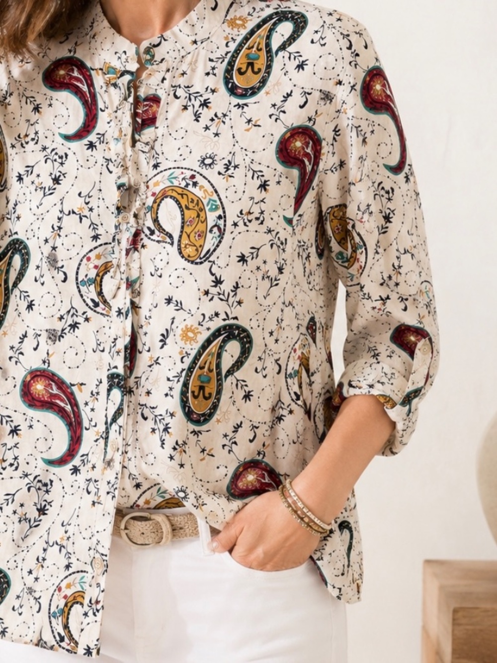 Real Comfort by Chadwick's Paisley Cotton Blouse Ivory Multicolor Button Size L